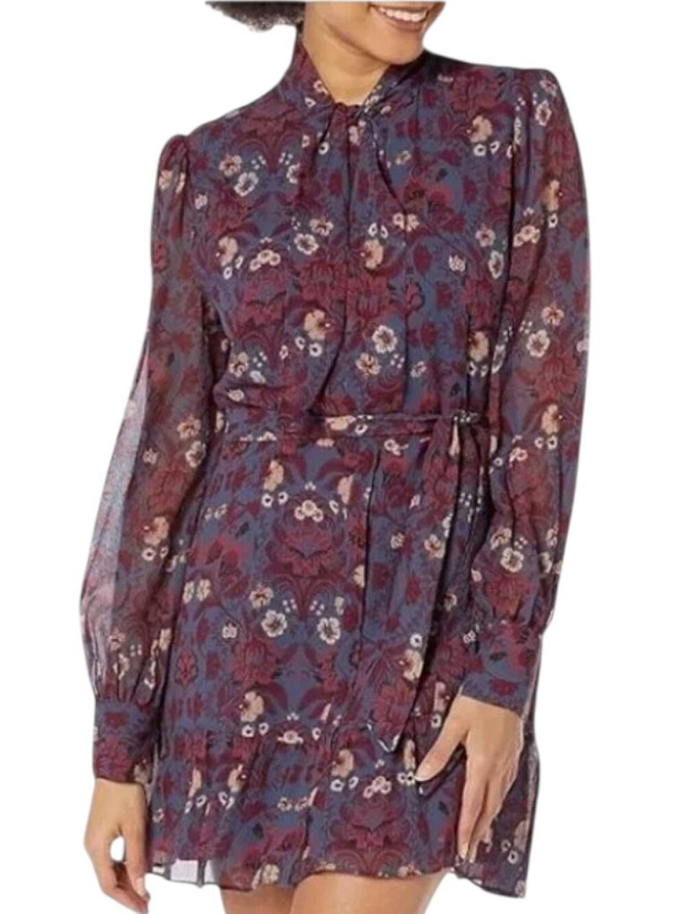 Paige Vittoria Silk Crepe Boho Mini Dress Purple Floral Designer/Luxury/Chic - L